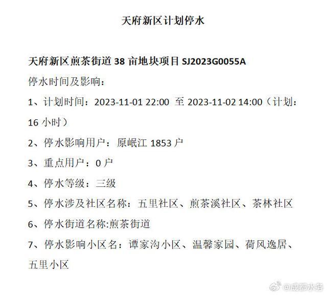 成都停水通知最新公告发布